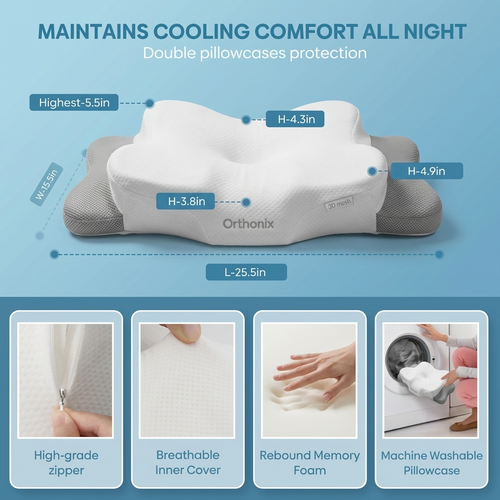 Orthonix Cervical Pillow for Neck Pain Relief, Adjustable Memory Foam & Cooling Cover